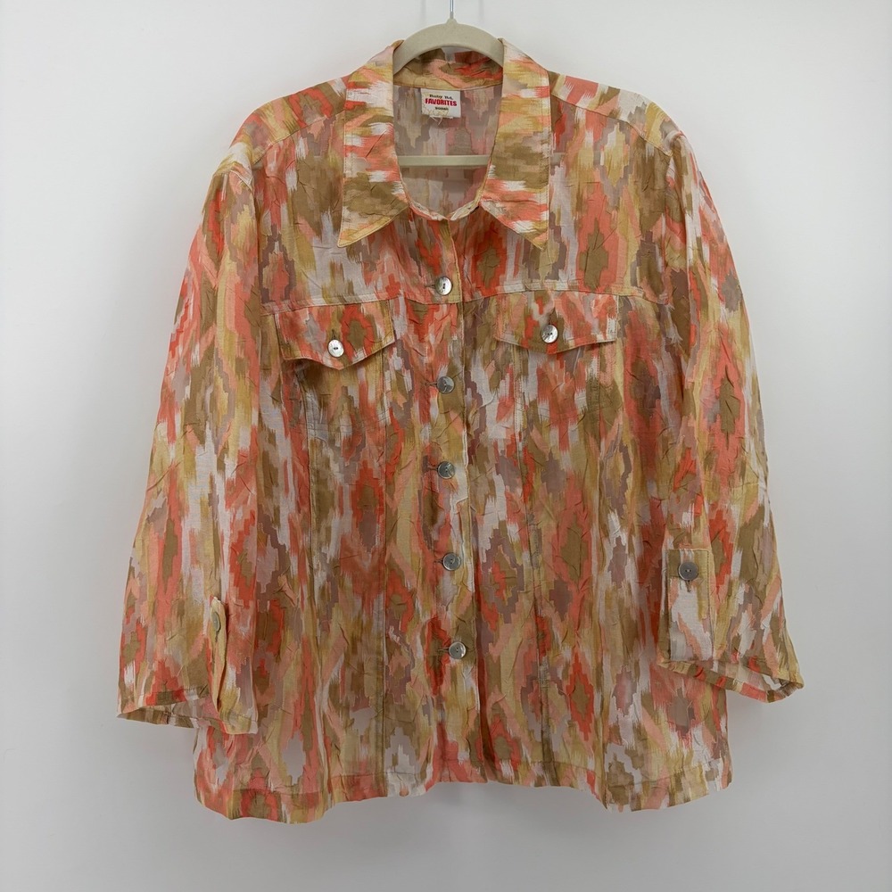 Ruby Rd Womens 3X Coral Ikat Print Button Up Shirt 3/4 Sleeve Burnout Top